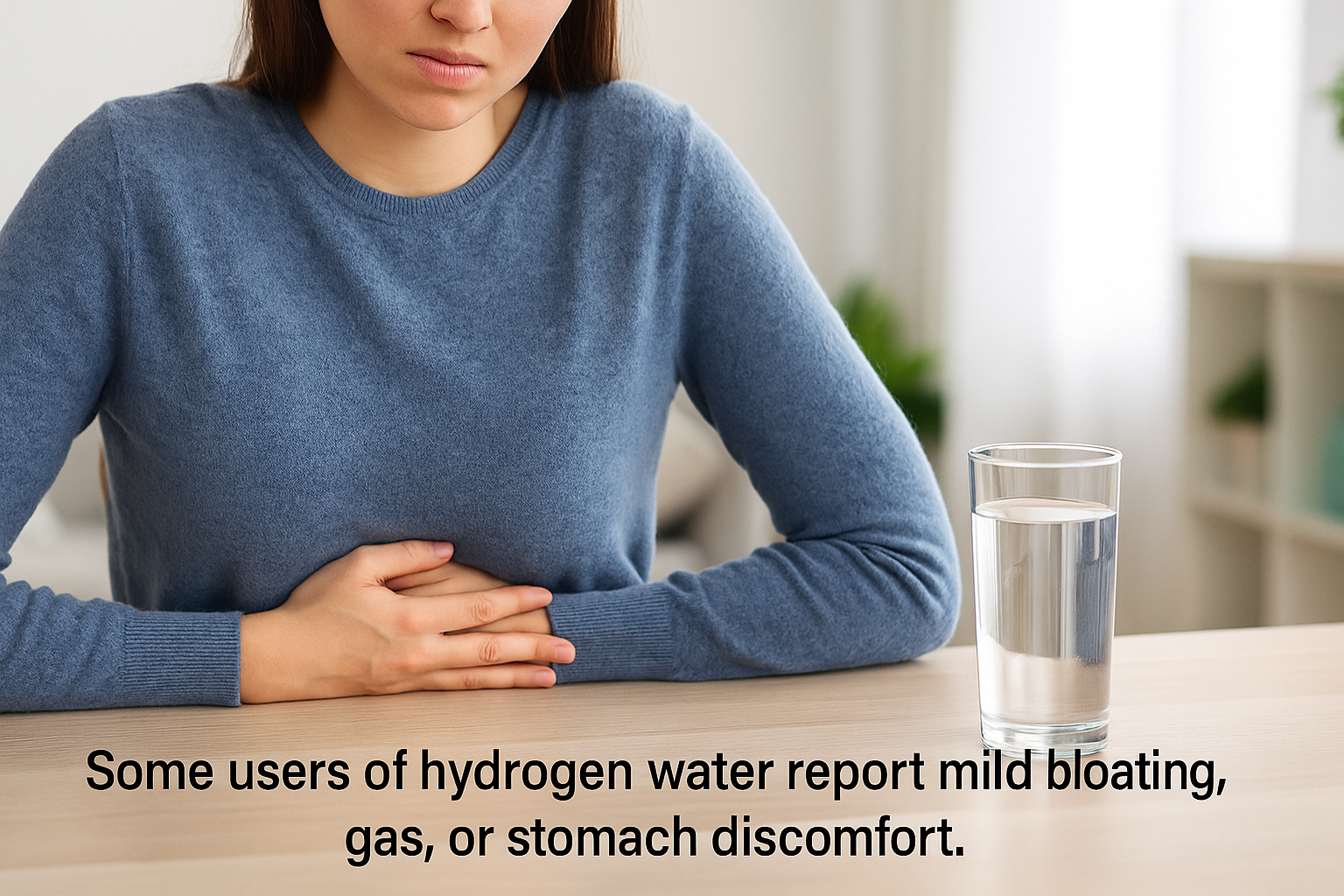 Person holding stomach in discomfort beside a glass of water, indicating digestive side effects.