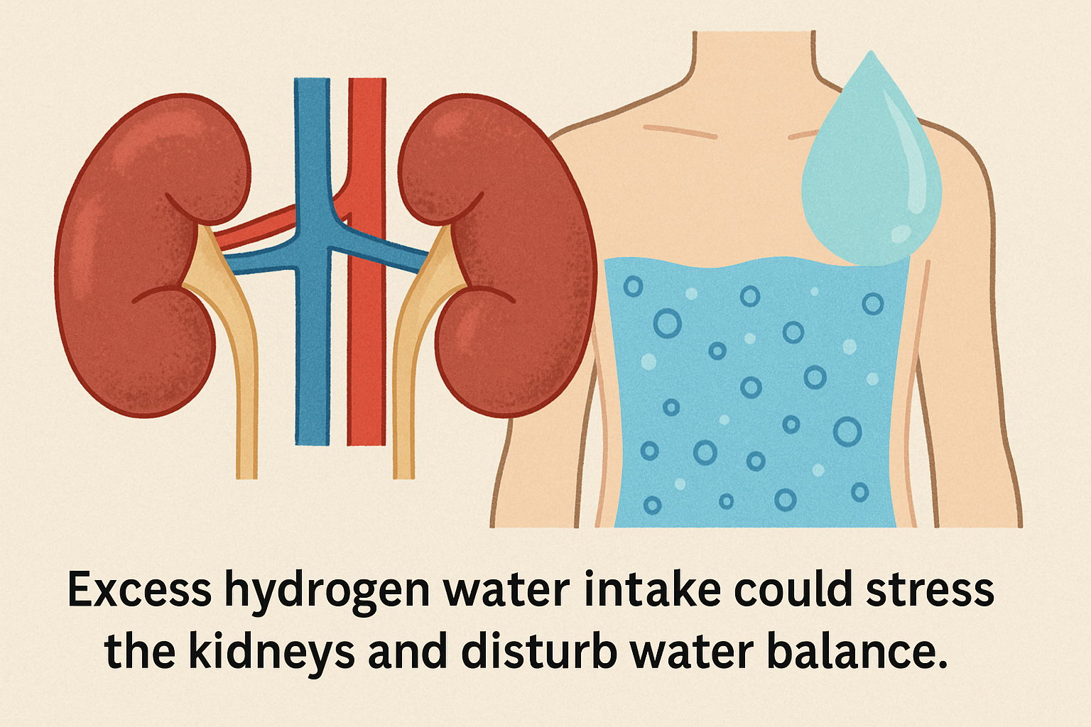 Illustration highlighting the kidneys and risks of overhydration.