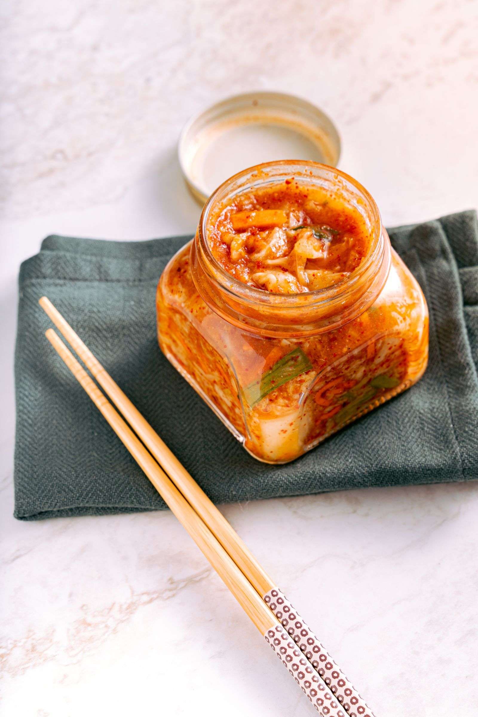 Jar of kimchi, a fermented food that supports gut health