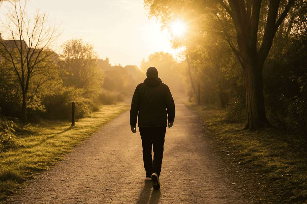 A person walks down a wooded trail into bright morning sunlight.