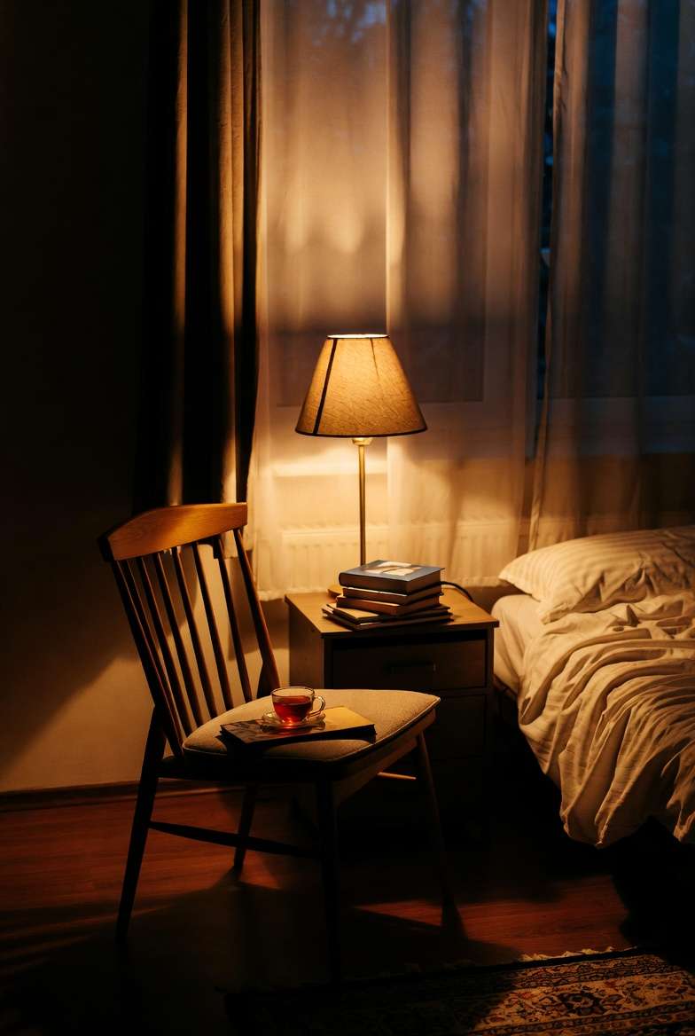 Bedroom at night with dim warm lighting, illustrating healthy sleep hygiene habits