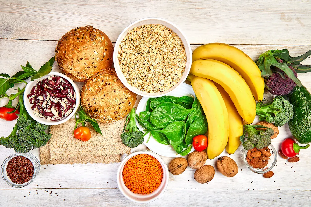 Colorful high fiber foods arranged for a fibermaxxing style meal