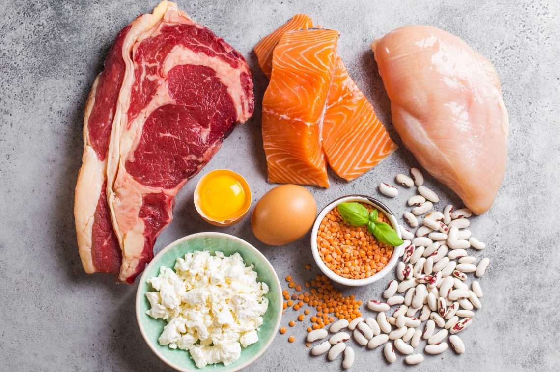 Overhead view of high protein foods on a gray surface, including a raw ribeye steak, salmon fillets, a chicken breast, a cracked egg, a whole egg, cottage cheese, red lentils, and white beans.