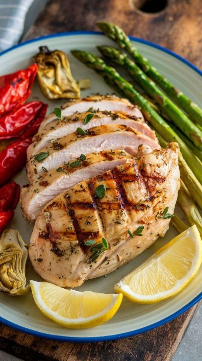 A plate of sliced grilled chicken breast with char marks and fresh herbs, served with grilled asparagus, roasted red peppers, artichoke hearts, and lemon wedges.