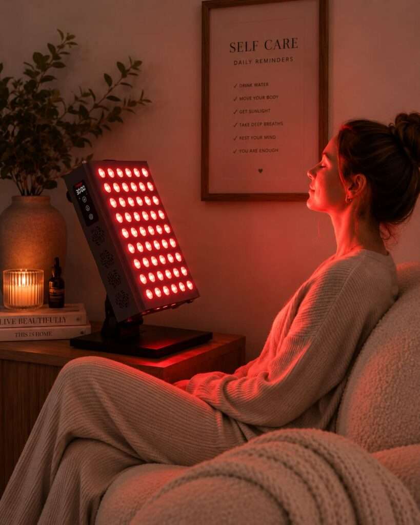 A woman relaxing on a couch at home in front of a tabletop red light therapy panel glowing red beside her.