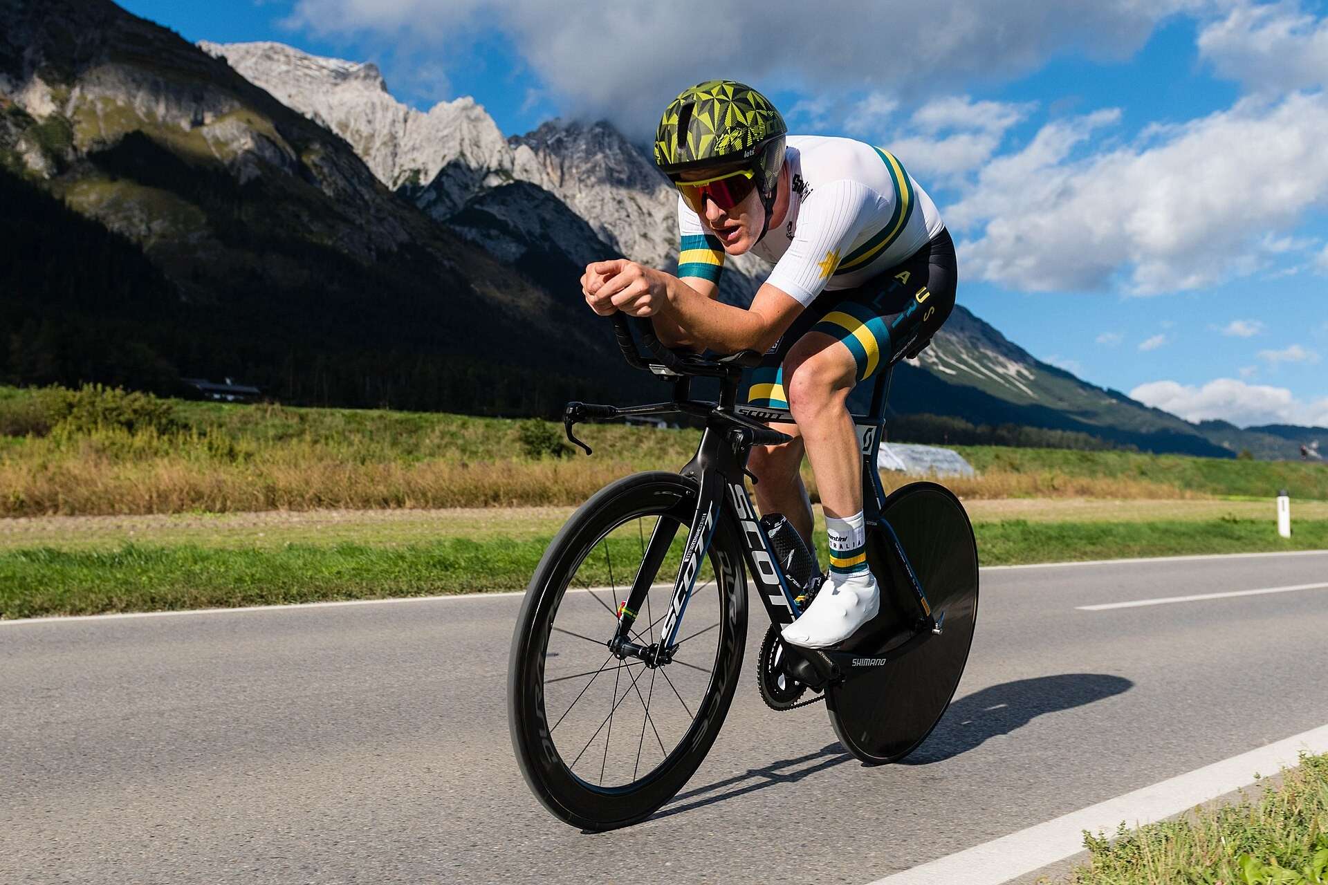 Time trial cyclist racing on a mountain road at the UCI Road World Championships